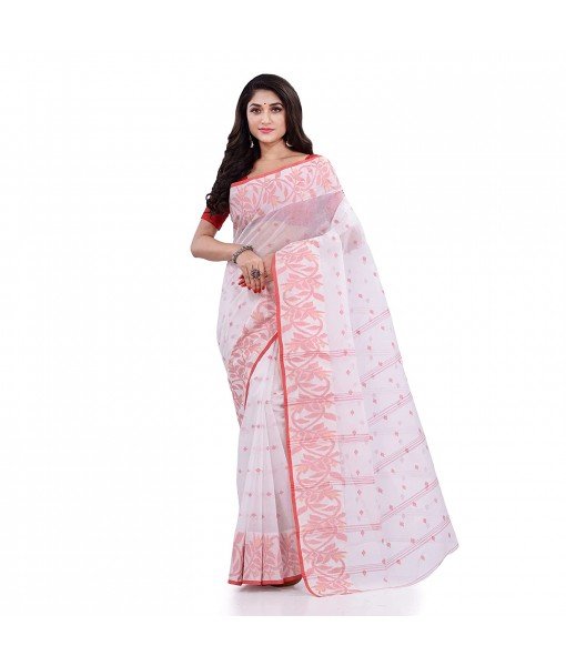 DESH BIDESH Women`s Traditional Pure Handloom Cotton Saree Flower Floral Woven Designer Without Blouse Piece(White)